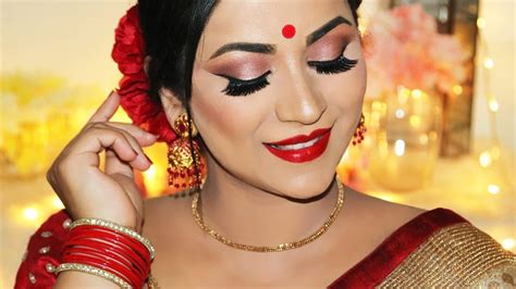 Durga Puja Makeup And Hairstyle Traditional Bengali Look Youtube