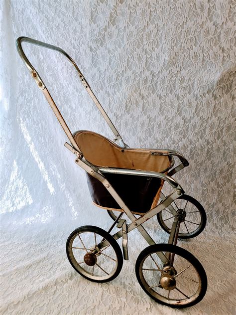 Large Antique 1950s Metal Doll Stroller Carriage Pram ~ Foldable Frame