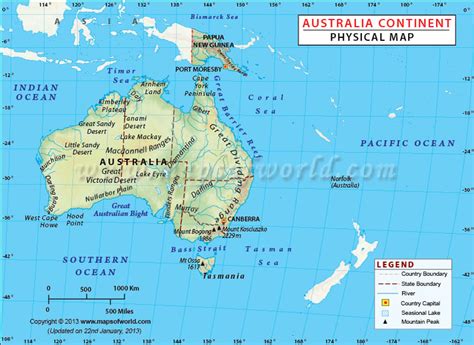 Australia Continent Physical Map, Physical Map of Australia Continent