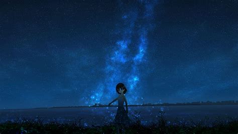 Girl Night Starry Sky Anime Hd Wallpaper Peakpx