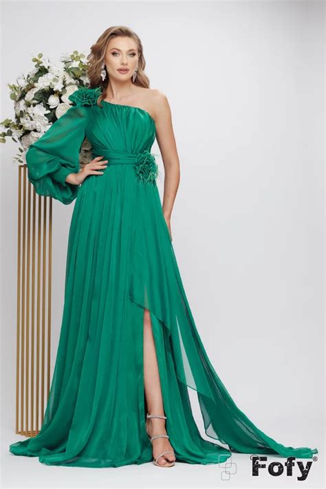 Rochie Eleganta De Ocazie De Lux Din Voal Diafan Verde Royal Pe Un Umar