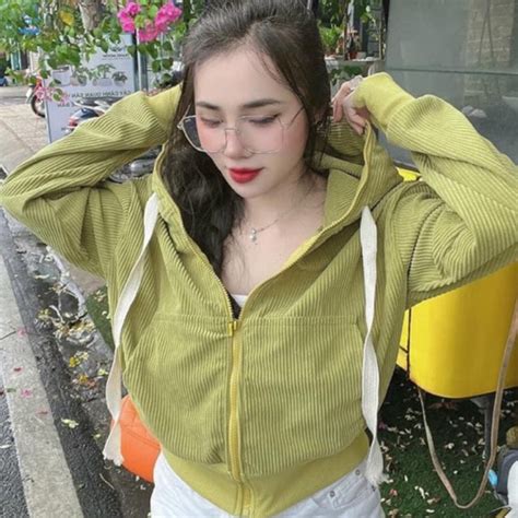 Áo khoác nữ gân nhung mềm nón to với 5 màu xinh xắn xanh bơ hồng nude xám cam đất 2 túi