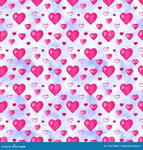 Beautiful Illustration Seamless Pattern With Pink Watercolor Hearts