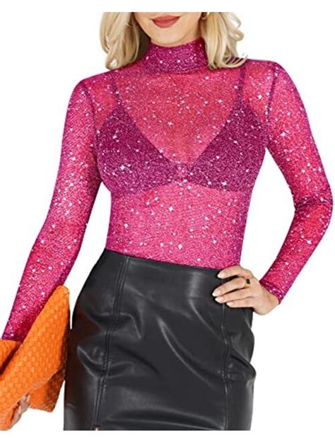 Buy Mangopop Women S Long Sleeve Short Sleeve Glitter Sheer Mesh Tops T Shirt Blouse Clubwear