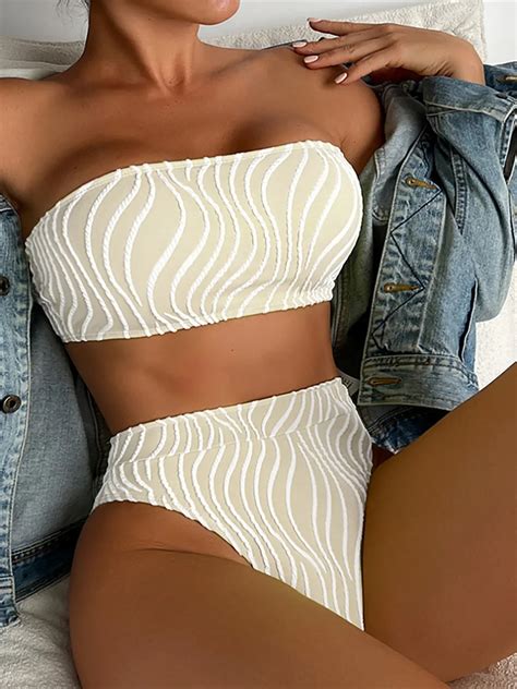 Sexy Wave Striped Bandeau High Waist Bikini Female Swimsuit Women Swimwear Two Pieces Bikini Set