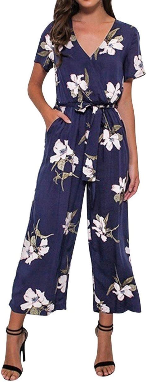 LIHAEI Damen Jumpsuit Sommer Casual Blumendruck ÄRmellos V Ausschnitt