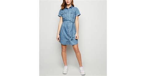 Bright Blue Short Sleeve Denim Shirt Dress New Look