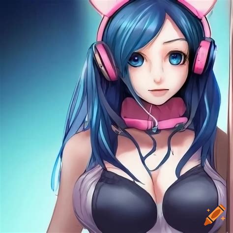 Anime Girl With Blue Eyes And Dark Blue Hair Wearing Cat Ear Headphones