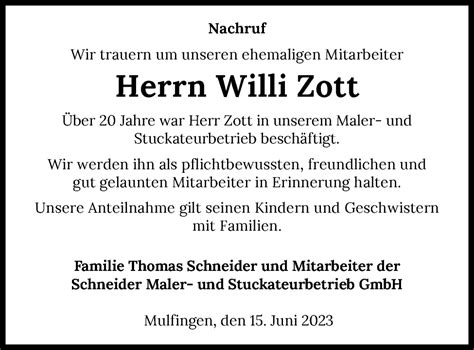 Traueranzeigen Von Willi Zott Trauerundgedenken De