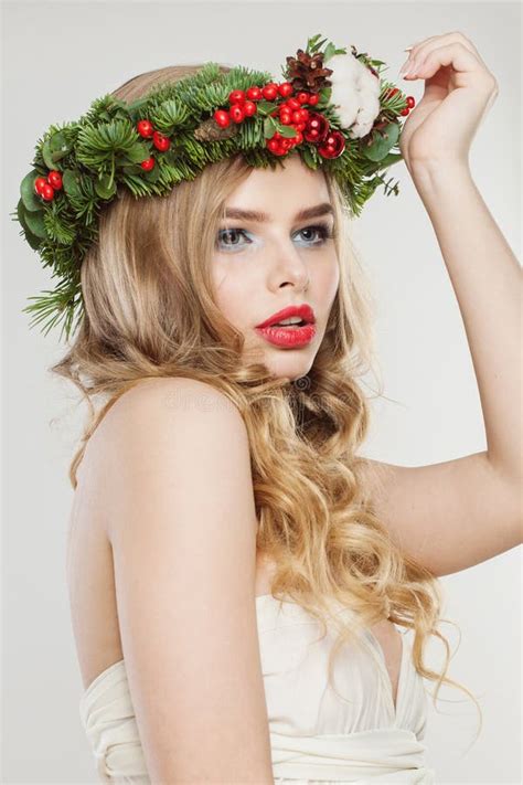 Christmas Beauty Woman Model With Makeup Clean Fresh Skin Wavy Blonde Hair Perfect Smile And