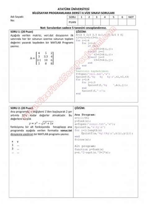 Bilgisayar Programlama Matlab Vize Sorular Ve Cevaplar Vize Ve