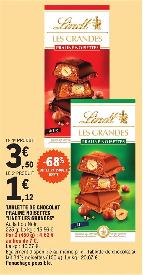 Promo Tablette De Chocolat Pralin Noisettes Lindt Les Grandes Chez E