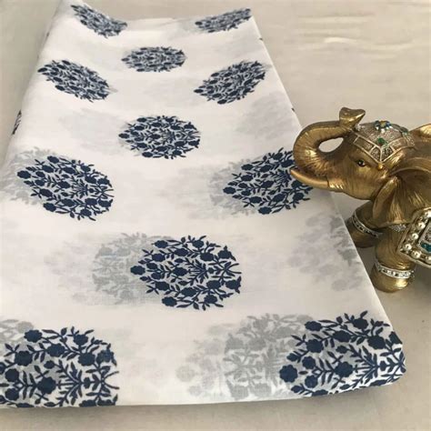 Royal Blue Floral White Cotton Voile Fabric Fabric Khazana