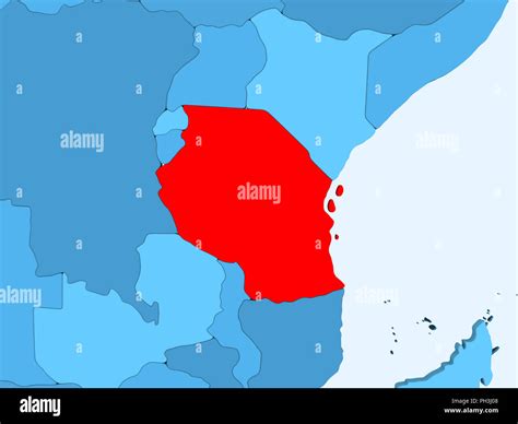 Tanzania In Red On Blue Political Map With Transparent Oceans D