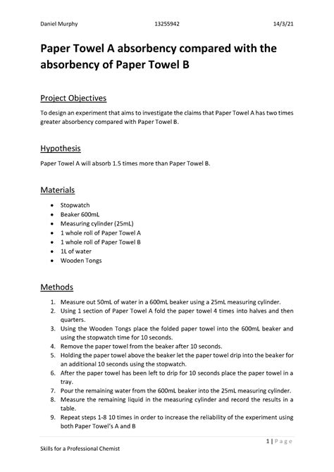 Paper Towel Experiment 1 P A G E Paper Towel A Absorbency Compared