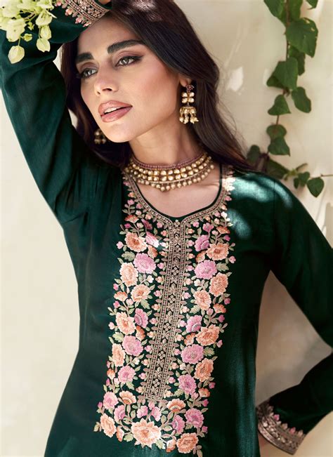 Silk Embroidered Green Salwar Kameez