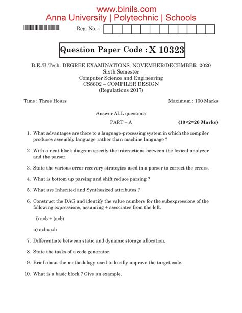 Anna University Recent Question Paper Collection X Reg No