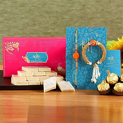 Pearl Lumba Rakhi Set And Kaju Katli With 3 Pcs Ferrero Rocher