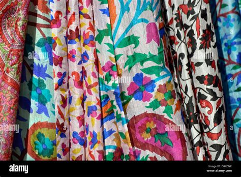 Traditional textiles in a souvenir stall, Samarkand, Uzbekistan Stock ...