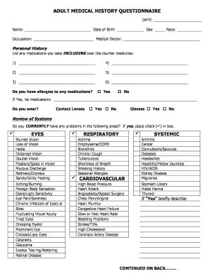 Fillable Online Adult Medical History Questionnaire Fax Email Print