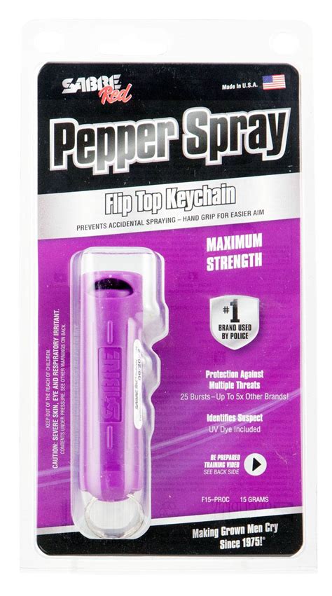 Sabre Key Ring Pepper Spray With Flip Top And Finger Grip Purple