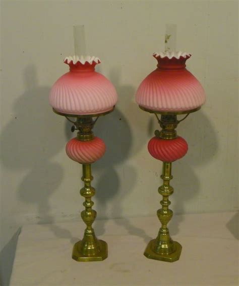 Match Pair Of Pink Victorian Antique Satin Glass Peg Lamps Bargain