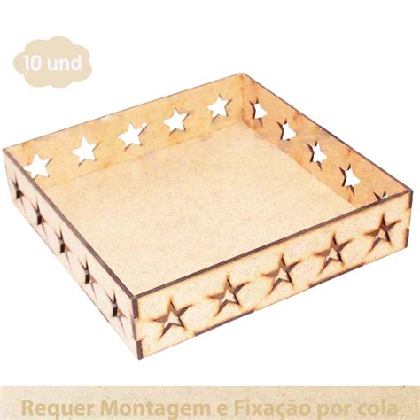 Kit 10 Cesta Cestinha Bandeja 17x17 Cm Mdf Cru Lateral Vazada Estrela