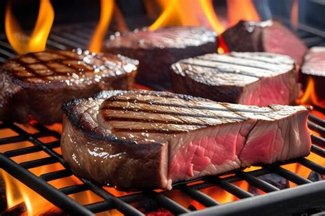 Premium Photo Steaks Cooking On A Grill With Flames