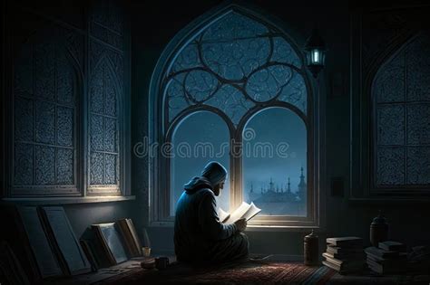 Muslim Man Reads The Koran Al Quran Book At Night Near The Window