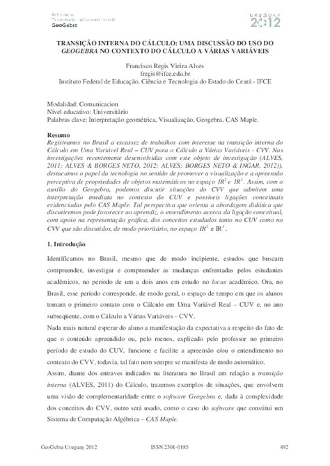 Pdf TransiÇÃo Interna Do CÁlculo Uma DiscussÃo Do Uso Do Geogebra No