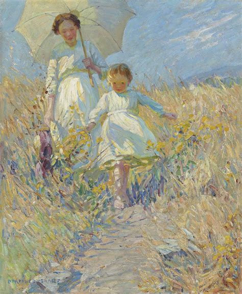 A Painting Of Two Women Walking Down A Path With An Umbrella Over Their