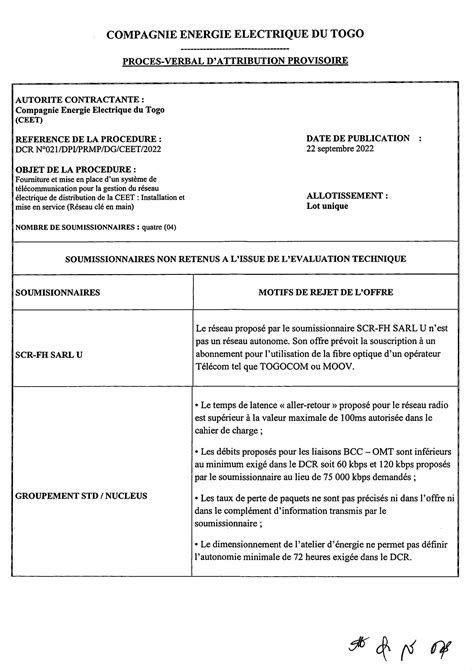 PV DAttribution Provisoire DCR N021 DPI PRMP DG CEET 2022 Fourniture