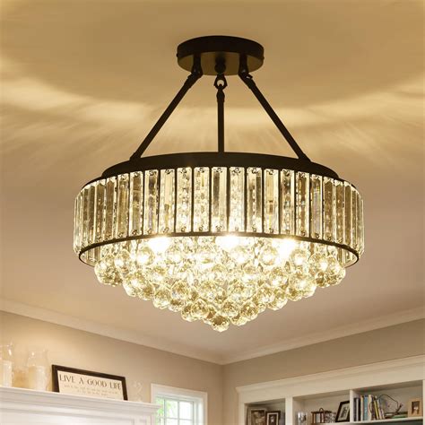 Eopspyi 6 Lights Modern Crystal Chandelier Black Metal Semi Flush Mount