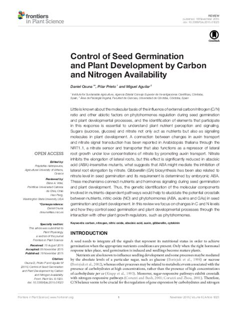 Pdf Control Of Seed Germination And Plant Development By Carbon And Nitrogen Availability