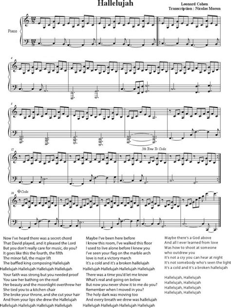 Hallelujah Cohen Rufus Wainwright Shrek Best Sheet Music