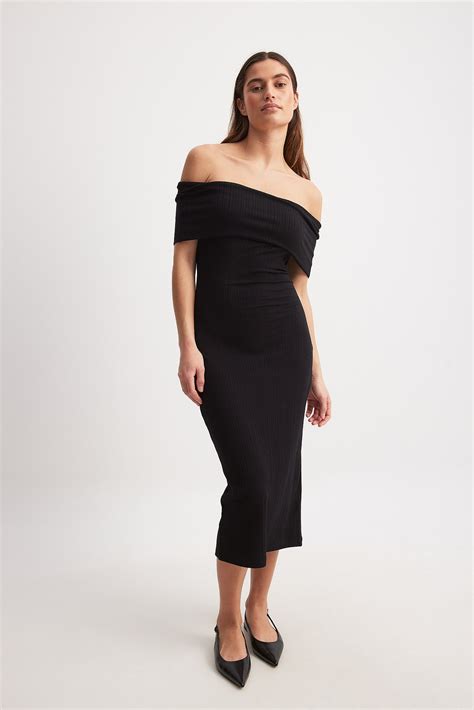 Off Shoulder Rib Midi Dress Black Na Kd