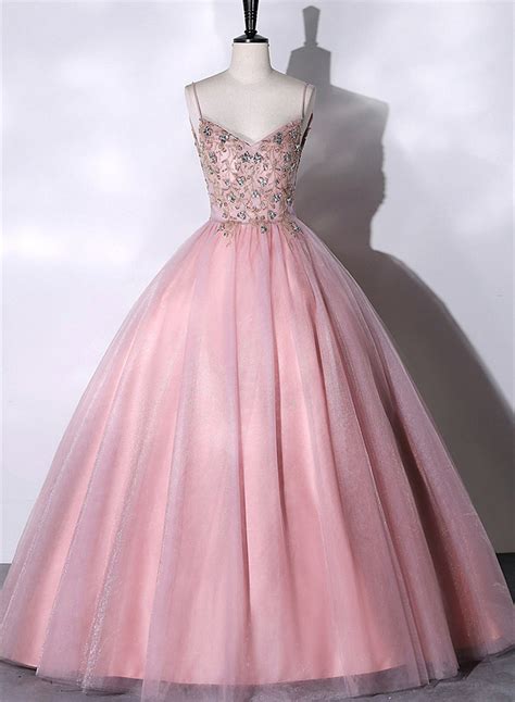 Pink Ball Gown Beaded V Neckline Prom Dress Pink Sweet 16 Dresses