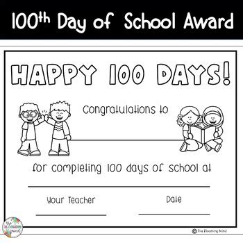 100th Day of School Certificate by The Blooming Mind | TPT