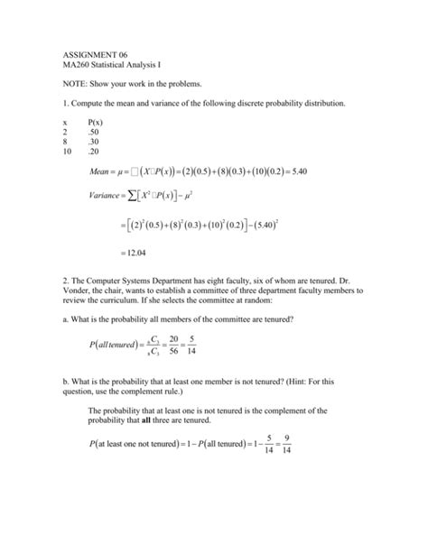 Assignment 06 Ma260 Statistical Analysis I Note Show Your