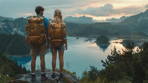 Premium Photo Tourists Hikers With Backpacks At Sunset Enjoying