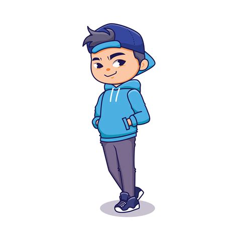 Cartoon Cool Boy With Blue Jacket And Hat Stand Pose In Casual Style Character Flat Illustration