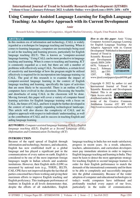 Pdf Using Computer Assisted Language Learning For English Language Teaching An Adaptive