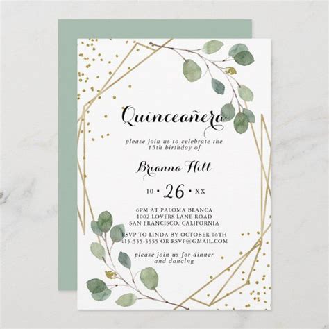 Gold Glitter Geometric Greenery Quinceañera Invitation Zazzle