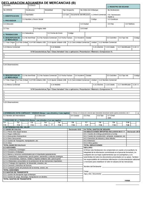 Formato B Declaracion Aduanera DE Mercancias DECLARACION ADUANERA DE