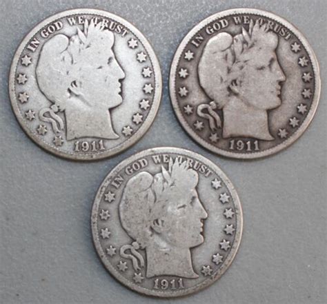 3 Coin Lot 1911 PDS Silver Barber Half Dollars 50c Year Set Good And