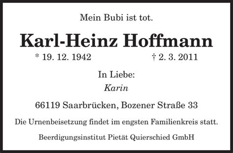 Traueranzeigen Von Karl Heinz Hoffmann Saarbruecker Zeitung Trauer De