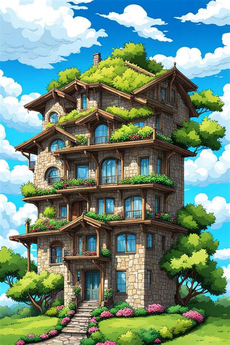 A stone faced house in the style of Anime by Munas Munna - Playground