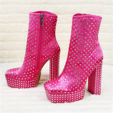 Fame Platform Chunky Block Heel Rhinestone Ankle Boots Hot Pink Satin