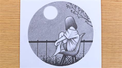 How To Draw A Girl In Moonlight Night Drawing Circle Drawing Scenery