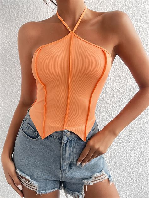 Seam Detail Tie Backless Hanky Hem Halter Top Shein Usa